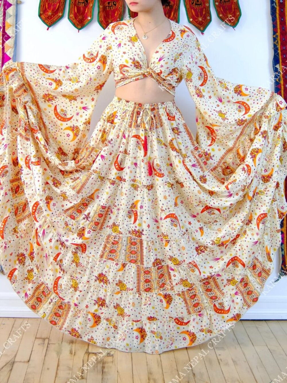 Women's Boho Moon Sun Print 2Pc Maxi Skirt Set Bell Sleeve Festival Outfit